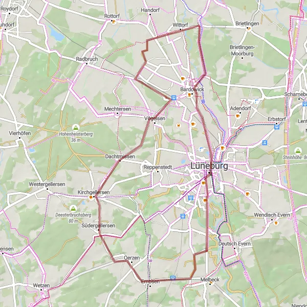 Karten-Miniaturansicht der Radinspiration "Kurze Gravel-Tour nach Südergellersen" in Lüneburg, Germany. Erstellt vom Tarmacs.app-Routenplaner für Radtouren