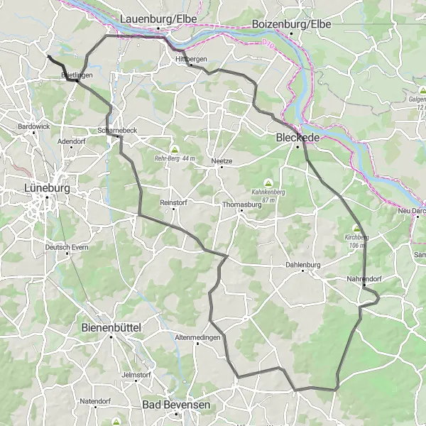 Karten-Miniaturansicht der Radinspiration "Elbtalaue und Aussichtspunkte" in Lüneburg, Germany. Erstellt vom Tarmacs.app-Routenplaner für Radtouren