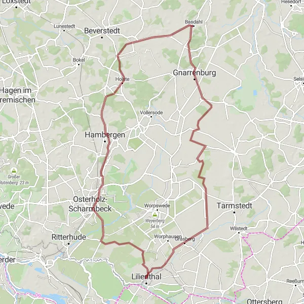 Karten-Miniaturansicht der Radinspiration "Gravel-Erlebnis Gnarrenburg - Kirchwistedt" in Lüneburg, Germany. Erstellt vom Tarmacs.app-Routenplaner für Radtouren