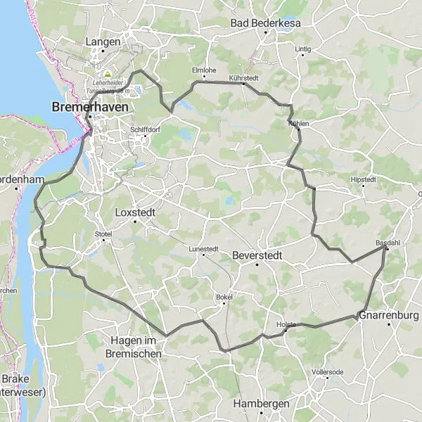 Map miniature of "Bremerhaven Coastal Tour" cycling inspiration in Lüneburg, Germany. Generated by Tarmacs.app cycling route planner