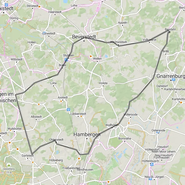 Map miniature of "The Kuhstedt Loop" cycling inspiration in Lüneburg, Germany. Generated by Tarmacs.app cycling route planner