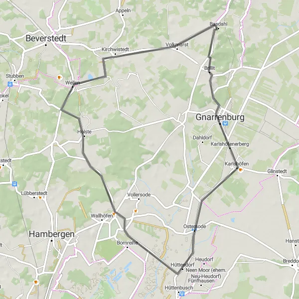 Karten-Miniaturansicht der Radinspiration "Rundweg um Basdahl und Umgebung" in Lüneburg, Germany. Erstellt vom Tarmacs.app-Routenplaner für Radtouren