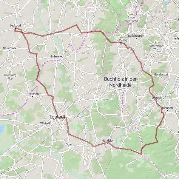 Map miniature of "Gravel Tour across Hexen-Berg, Elstorf-Bachheide, and Büntberg" cycling inspiration in Lüneburg, Germany. Generated by Tarmacs.app cycling route planner