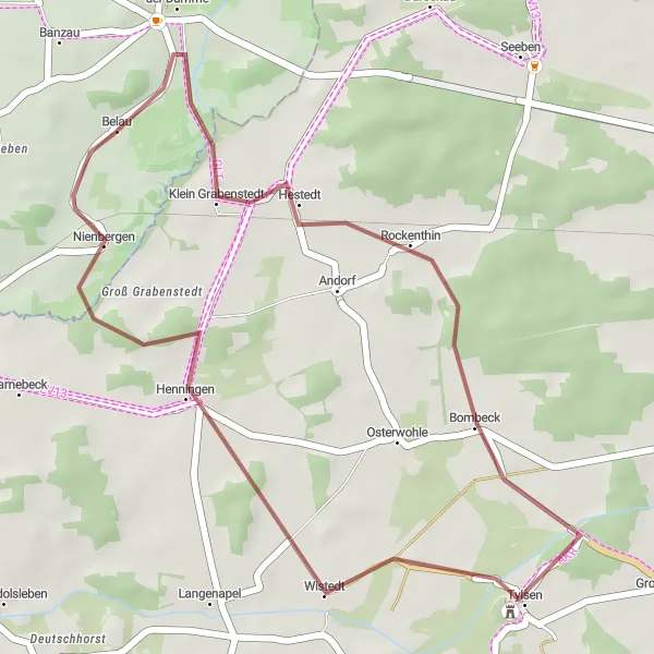 Map miniature of "Bergen Gravel Loop" cycling inspiration in Lüneburg, Germany. Generated by Tarmacs.app cycling route planner