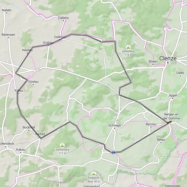 Karten-Miniaturansicht der Radinspiration "Kurze Entdeckungstour ab Bergen" in Lüneburg, Germany. Erstellt vom Tarmacs.app-Routenplaner für Radtouren