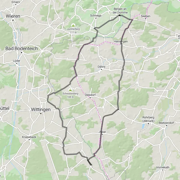 Karten-Miniaturansicht der Radinspiration "Radtour durch die Dörfer rund um Lüneburg" in Lüneburg, Germany. Erstellt vom Tarmacs.app-Routenplaner für Radtouren