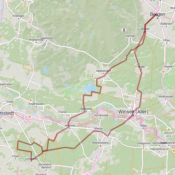 Karten-Miniaturansicht der Radinspiration "Gravel-Tour rund um Bergen" in Lüneburg, Germany. Erstellt vom Tarmacs.app-Routenplaner für Radtouren