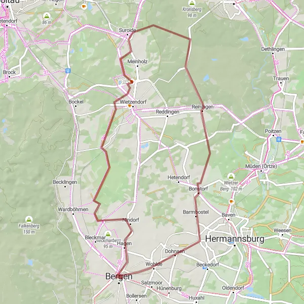 Karten-Miniaturansicht der Radinspiration "Nindorf - Vogelbeobachtungsturm - Dohnsen Rundweg" in Lüneburg, Germany. Erstellt vom Tarmacs.app-Routenplaner für Radtouren