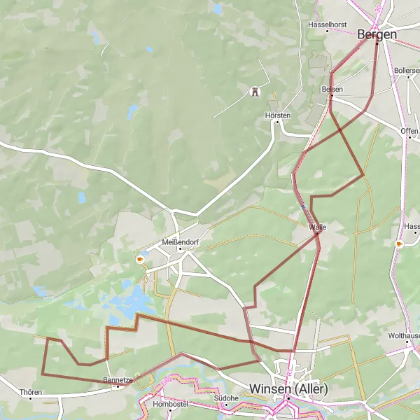 Karten-Miniaturansicht der Radinspiration "Bergen - Hüttensee-Turm - Bannetze Rundweg" in Lüneburg, Germany. Erstellt vom Tarmacs.app-Routenplaner für Radtouren