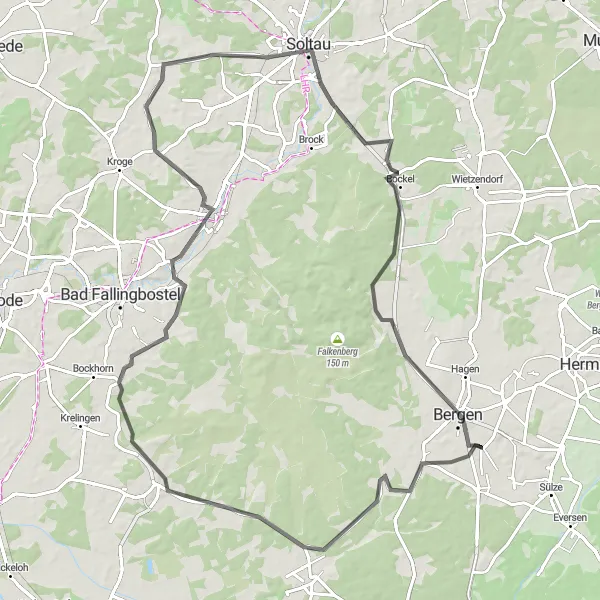 Karten-Miniaturansicht der Radinspiration "Herausfordernde Road-Tour in der Nähe von Bergen" in Lüneburg, Germany. Erstellt vom Tarmacs.app-Routenplaner für Radtouren