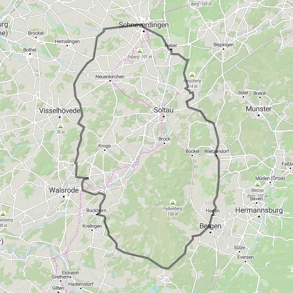 Karten-Miniaturansicht der Radinspiration "Road-Tour durch vielfältige Landschaft um Bergen" in Lüneburg, Germany. Erstellt vom Tarmacs.app-Routenplaner für Radtouren