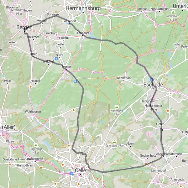 Karten-Miniaturansicht der Radinspiration "Bergen und die Umgebung per Rad entdecken" in Lüneburg, Germany. Erstellt vom Tarmacs.app-Routenplaner für Radtouren