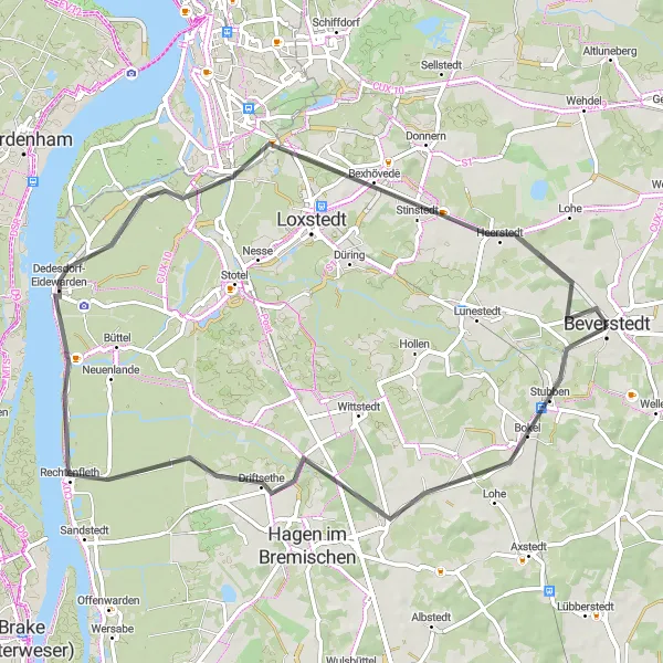 Karten-Miniaturansicht der Radinspiration "Rundtour Beverstedt - Bokel - Driftsethe - Overwarfe - Heerstedt - Beverstedt" in Lüneburg, Germany. Erstellt vom Tarmacs.app-Routenplaner für Radtouren