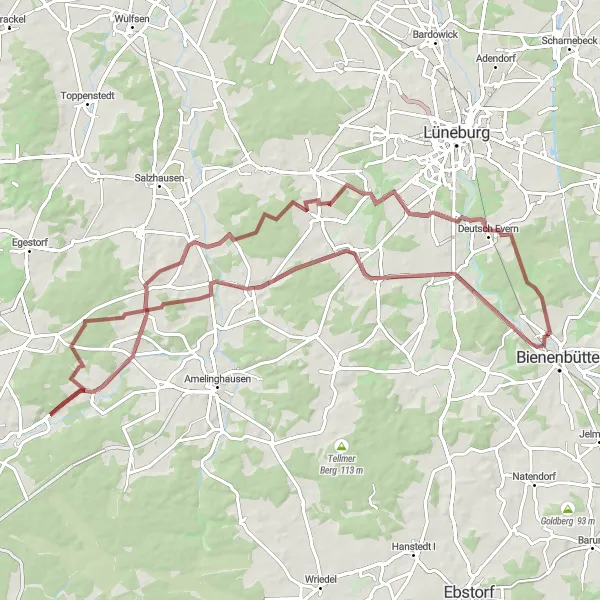 Map miniature of "Bienenbüttel - Hohenbostel - Rettmer - Rolfsen - Schwindebecker Heide - Hasenberg - Wetzen - Grünhagen" cycling inspiration in Lüneburg, Germany. Generated by Tarmacs.app cycling route planner
