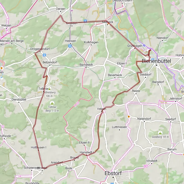 Map miniature of "Bienenbüttel - Hohenbostel - Krähenberg - Melbeck" cycling inspiration in Lüneburg, Germany. Generated by Tarmacs.app cycling route planner
