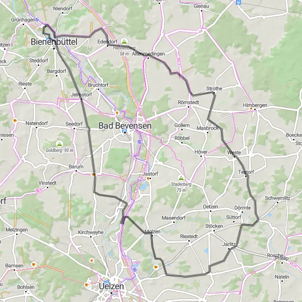 Map miniature of "Bienenbüttel - Edendorf - Hahnenberg - Testorf - Woltersburg - Jelmstorf" cycling inspiration in Lüneburg, Germany. Generated by Tarmacs.app cycling route planner