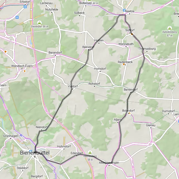 Map miniature of "Scenic Road Ride via Reinstorf" cycling inspiration in Lüneburg, Germany. Generated by Tarmacs.app cycling route planner