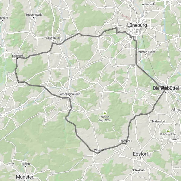 Map miniature of "Bienenbüttel - Etzen - Evendorf - Kahlenberg - Luhmühlen - Osterberg - Grünhagen" cycling inspiration in Lüneburg, Germany. Generated by Tarmacs.app cycling route planner