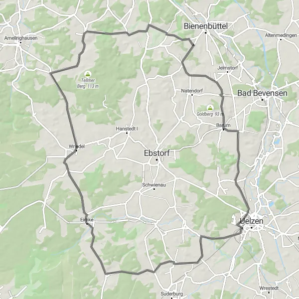 Map miniature of "Bienenbüttel - Hansen - Bahnsen - Eimke - Diersbüttel - Krähenberg - Steddorf" cycling inspiration in Lüneburg, Germany. Generated by Tarmacs.app cycling route planner