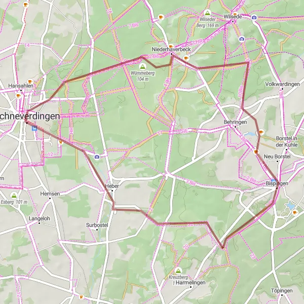 Karten-Miniaturansicht der Radinspiration "Abenteuerliche Gravel-Tour in die Natur" in Lüneburg, Germany. Erstellt vom Tarmacs.app-Routenplaner für Radtouren