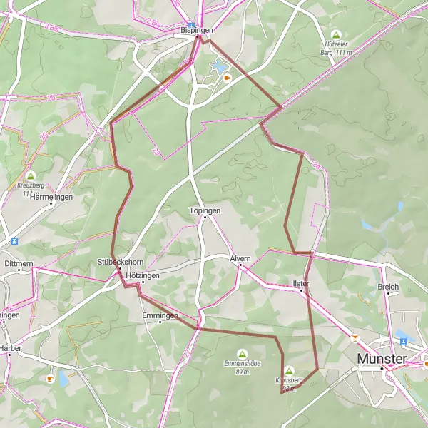 Karten-Miniaturansicht der Radinspiration "Gravelabenteuer Bispingen" in Lüneburg, Germany. Erstellt vom Tarmacs.app-Routenplaner für Radtouren