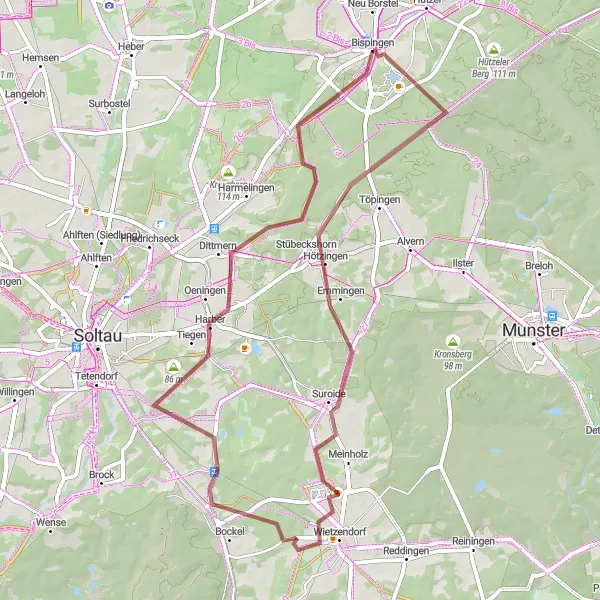 Map miniature of "Iserhatsche Gravel Expedition" cycling inspiration in Lüneburg, Germany. Generated by Tarmacs.app cycling route planner