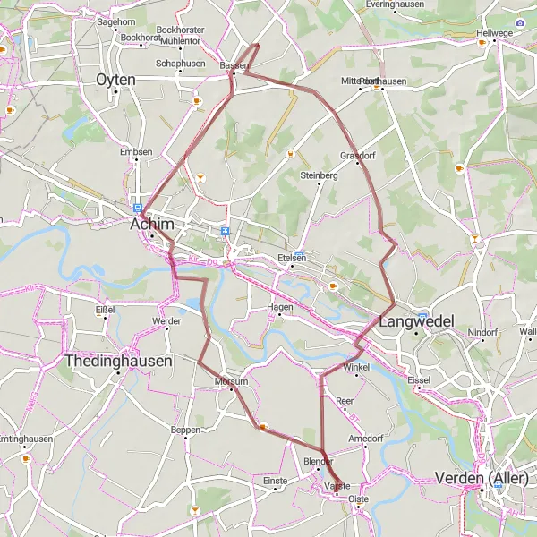 Map miniature of "Achim's Countryside Delights" cycling inspiration in Lüneburg, Germany. Generated by Tarmacs.app cycling route planner