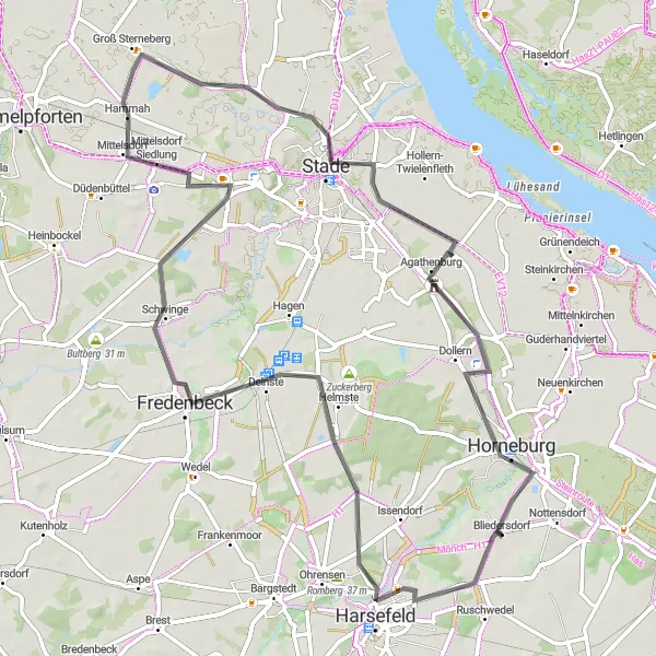 Map miniature of "Harsefeld - Fredenbeck - Haddorf - Hohe Wedel - Stade - Horneburg" cycling inspiration in Lüneburg, Germany. Generated by Tarmacs.app cycling route planner