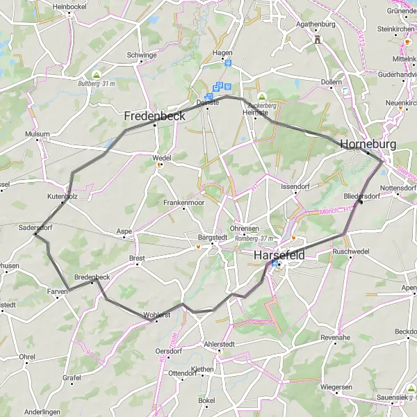 Map miniature of "The Bliedersdorf Loop" cycling inspiration in Lüneburg, Germany. Generated by Tarmacs.app cycling route planner