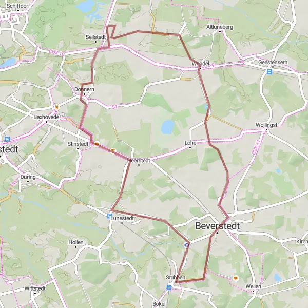 Map miniature of "Scenic Gravel Ride: Lunestedt and Stinstedt" cycling inspiration in Lüneburg, Germany. Generated by Tarmacs.app cycling route planner