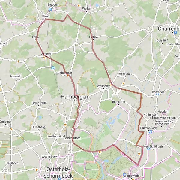 Map miniature of "Hüttenbusch and Hambergen Gravel Round-Trip" cycling inspiration in Lüneburg, Germany. Generated by Tarmacs.app cycling route planner
