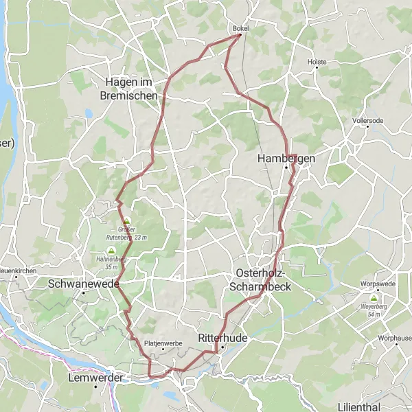 Map miniature of "Osterholz-Scharmbeck and Bramstedt Gravel Round-Trip" cycling inspiration in Lüneburg, Germany. Generated by Tarmacs.app cycling route planner