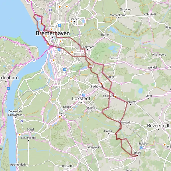 Map miniature of "Bremerhaven and Bexhövede Gravel Round-Trip" cycling inspiration in Lüneburg, Germany. Generated by Tarmacs.app cycling route planner