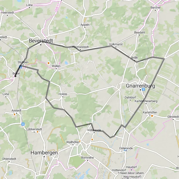 Karten-Miniaturansicht der Radinspiration "Road-Tour durch Bokel und Umgebung" in Lüneburg, Germany. Erstellt vom Tarmacs.app-Routenplaner für Radtouren
