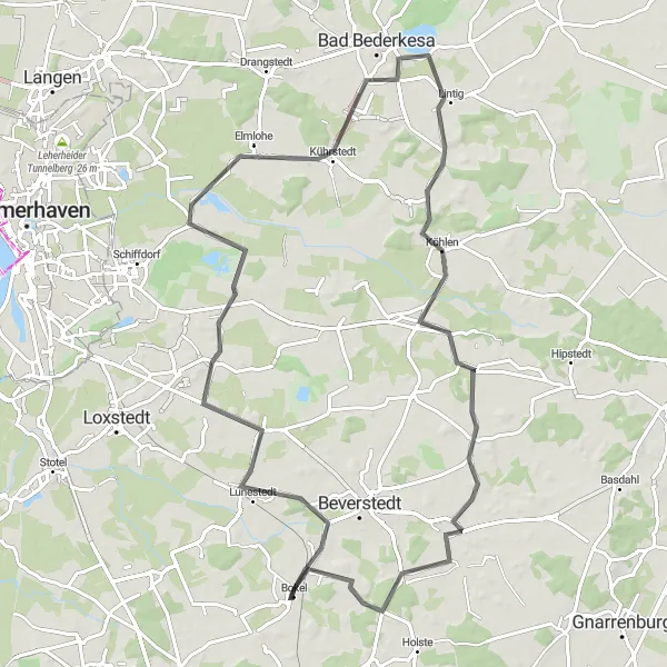 Map miniature of "Lunestedt and Bramel Exploration" cycling inspiration in Lüneburg, Germany. Generated by Tarmacs.app cycling route planner