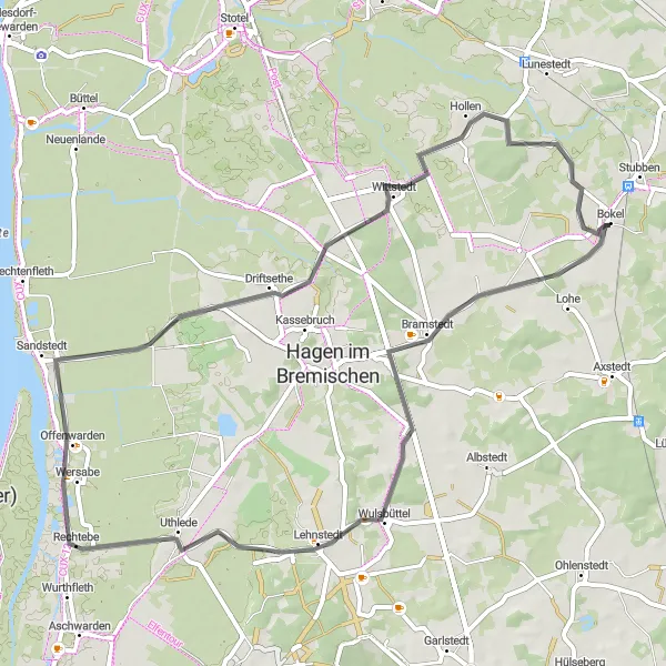 Map miniature of "Wulsbüttel and Hollen Road Round-Trip" cycling inspiration in Lüneburg, Germany. Generated by Tarmacs.app cycling route planner