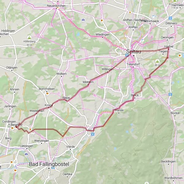 Map miniature of "The Kroge to Harber Gravel Loop" cycling inspiration in Lüneburg, Germany. Generated by Tarmacs.app cycling route planner