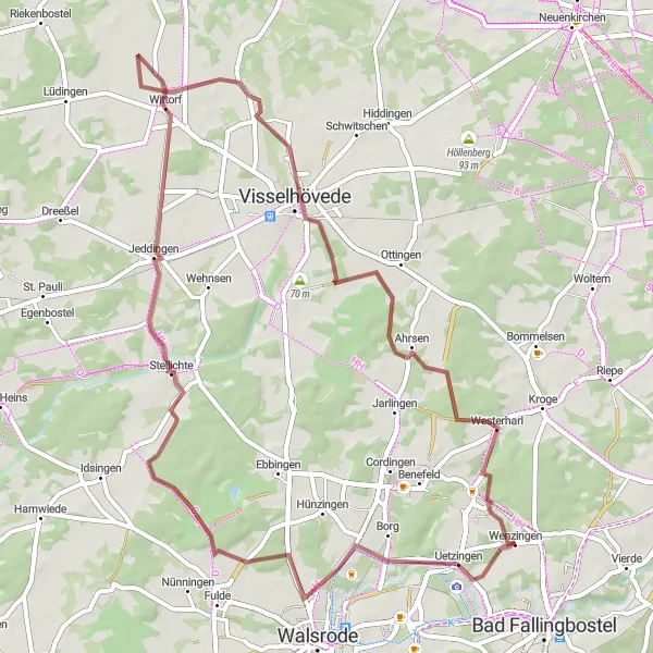 Map miniature of "The Uetzingen to Bomlitz Gravel Discovery" cycling inspiration in Lüneburg, Germany. Generated by Tarmacs.app cycling route planner
