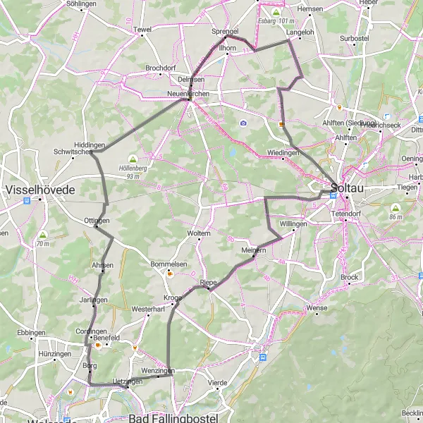 Map miniature of "The Elmhorst-Berg Route" cycling inspiration in Lüneburg, Germany. Generated by Tarmacs.app cycling route planner