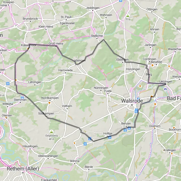 Map miniature of "Around Uetzington" cycling inspiration in Lüneburg, Germany. Generated by Tarmacs.app cycling route planner