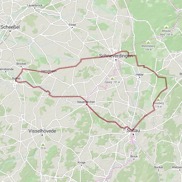 Map miniature of "Moordorf Gravel Ride" cycling inspiration in Lüneburg, Germany. Generated by Tarmacs.app cycling route planner