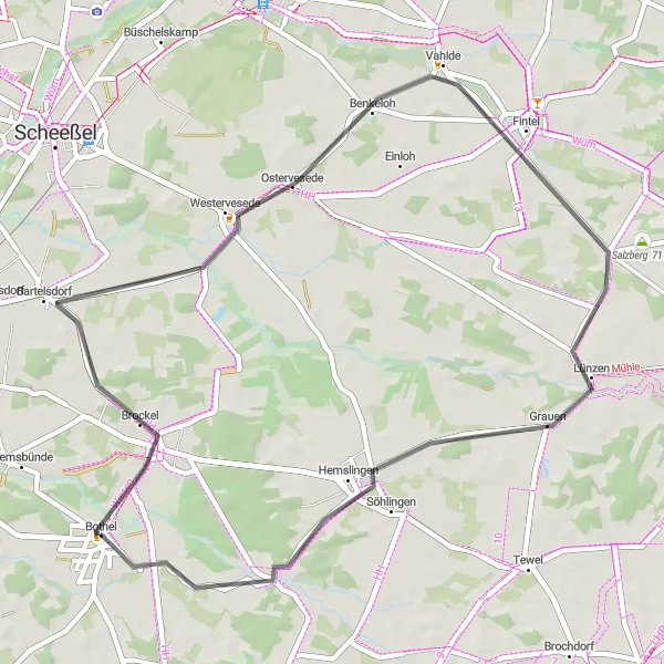 Map miniature of "Bartelsdorf Exploration" cycling inspiration in Lüneburg, Germany. Generated by Tarmacs.app cycling route planner