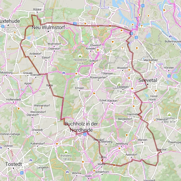 Karten-Miniaturansicht der Radinspiration "Graveltour entlang von Asendorf und Neugraben-Fischbek" in Lüneburg, Germany. Erstellt vom Tarmacs.app-Routenplaner für Radtouren