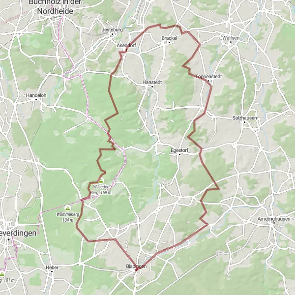 Karten-Miniaturansicht der Radinspiration "Rundkurs um Brackel über Toppenstedt und Bispingen" in Lüneburg, Germany. Erstellt vom Tarmacs.app-Routenplaner für Radtouren