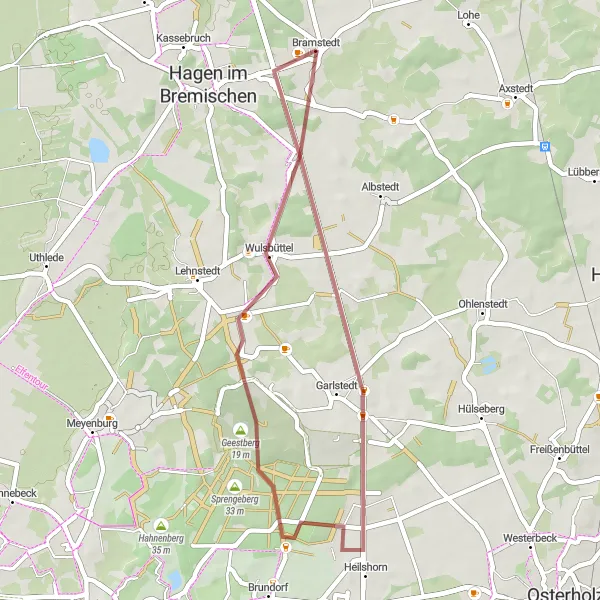 Map miniature of "Geestberg and Heilshorn Gravel Circuit" cycling inspiration in Lüneburg, Germany. Generated by Tarmacs.app cycling route planner