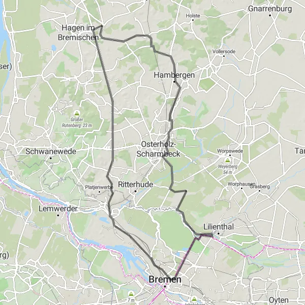 Map miniature of "Hambergen to Hoope Journey" cycling inspiration in Lüneburg, Germany. Generated by Tarmacs.app cycling route planner