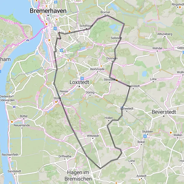 Map miniature of "Bramstedt and Schiffdorf Loop" cycling inspiration in Lüneburg, Germany. Generated by Tarmacs.app cycling route planner