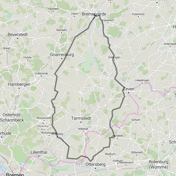 Map miniature of "Exploring Bremervörde's Western Routes" cycling inspiration in Lüneburg, Germany. Generated by Tarmacs.app cycling route planner