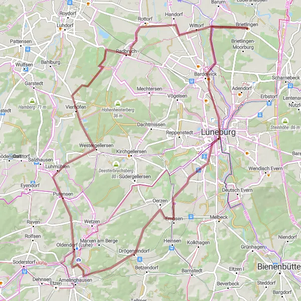 Map miniature of "Nature and History Gravel Ride" cycling inspiration in Lüneburg, Germany. Generated by Tarmacs.app cycling route planner