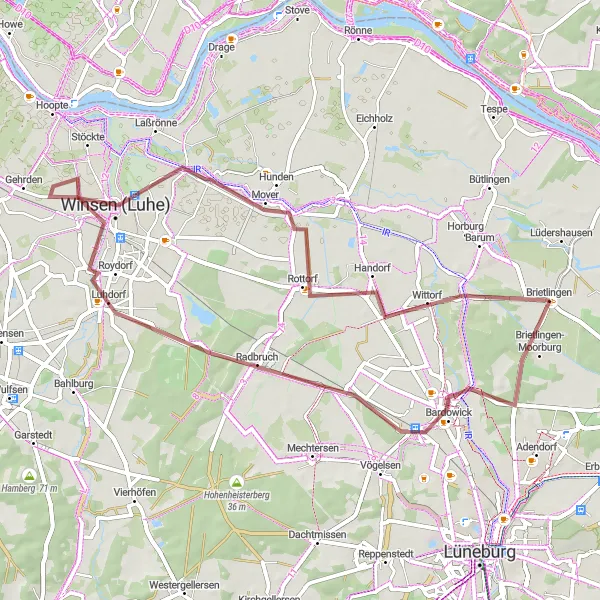 Map miniature of "Gravel Serenity" cycling inspiration in Lüneburg, Germany. Generated by Tarmacs.app cycling route planner